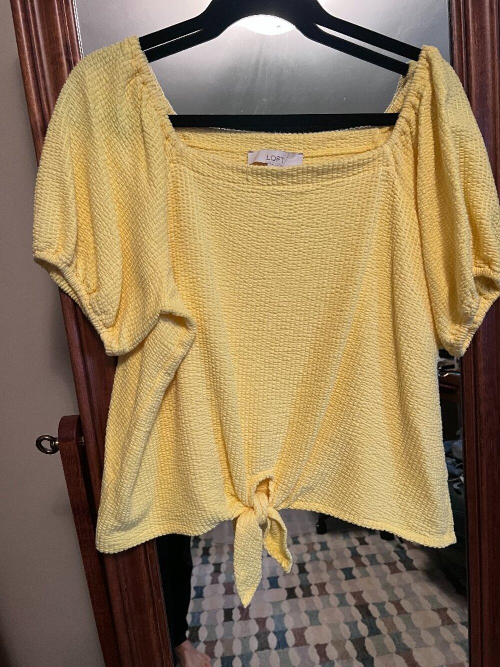 Loft brand Yellow Top with Bow at the waist and Puffed Sleeves